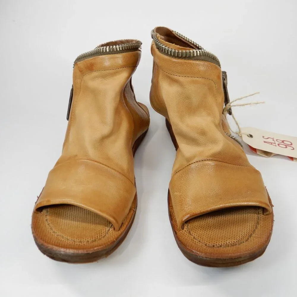 A.S.98 Ritchie Flat Sandals Peep Toe Bootie EU 36 5.5 6 Camel Leather Zipper NEW - Picture 3 of 12